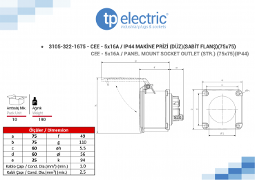 Preview: CEE Anbausteckdose 75mm 5P 16A 6h IP44
